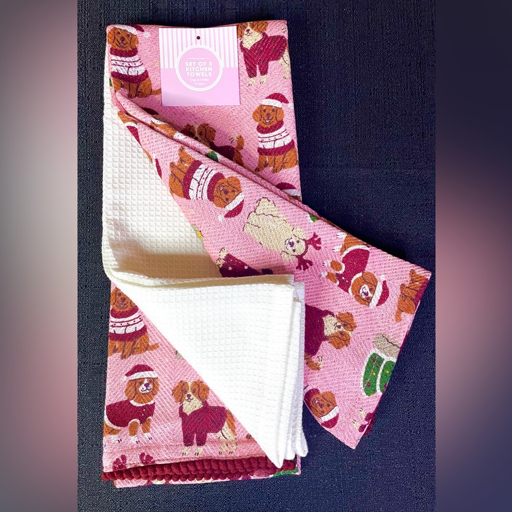 3-pc Pink White Christmas Dogs Kitchen Towel Set Costumes Winter Dog NEW NWT